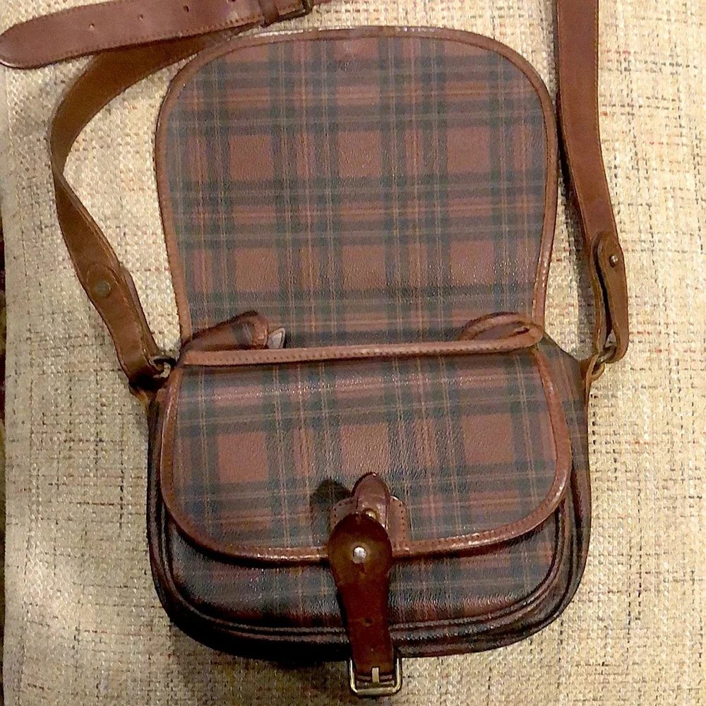 RALPH LAUREN Brown Tartan Plaid Multi Pocket Crossbody Messenger Saddle Bag